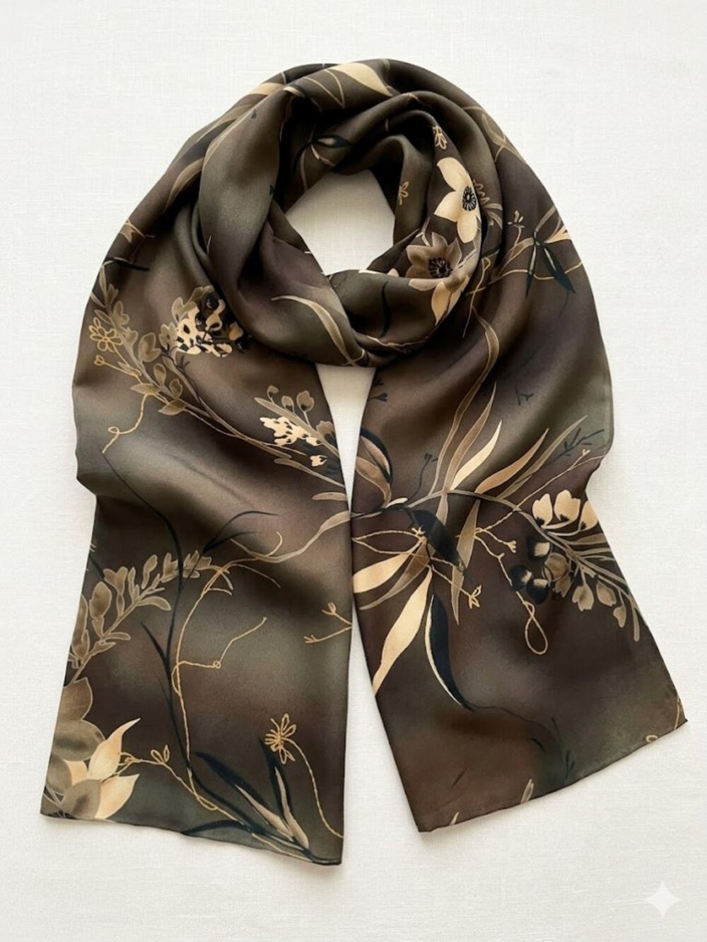 Artist Inspired Satin Scarf Brown Cream Olive Double Layer NWOT